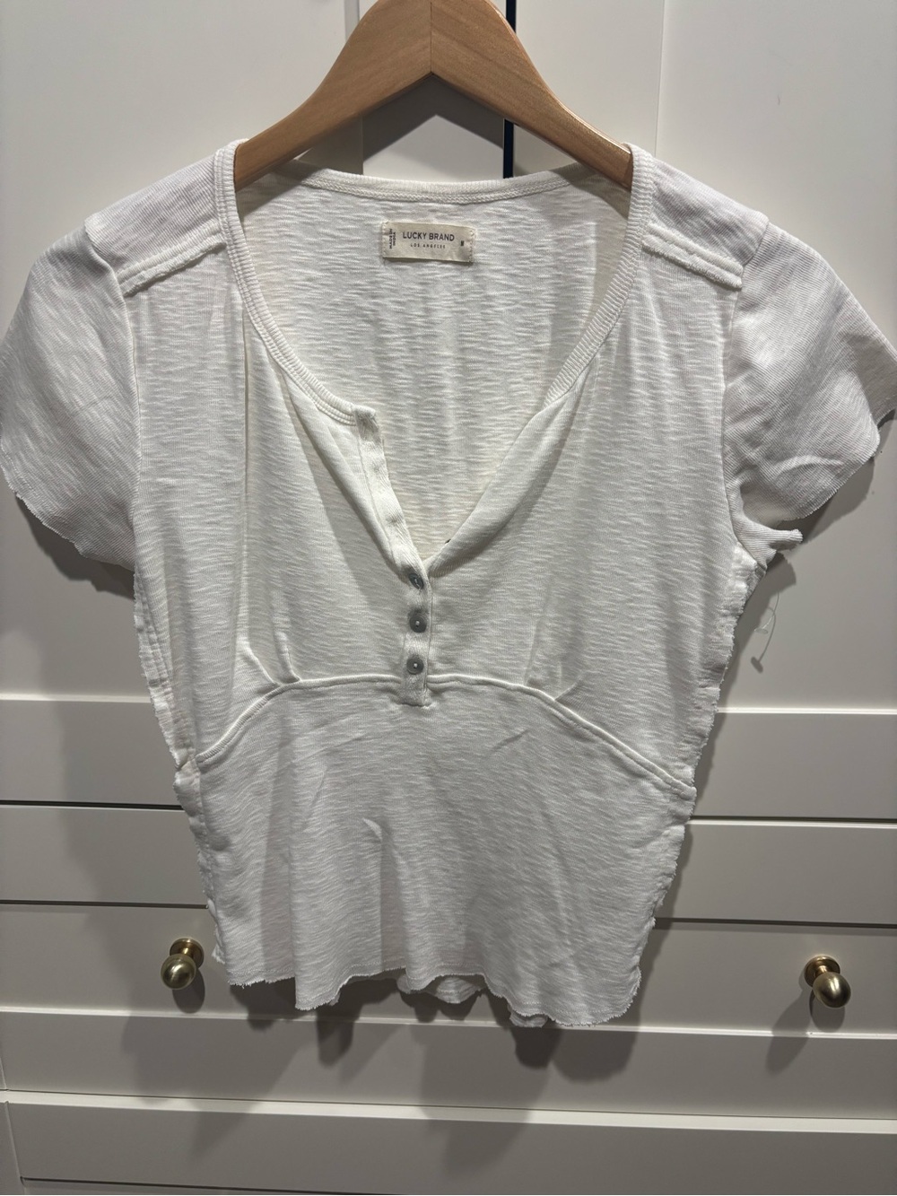 Lucky Brand White Short-Sleeve Henley with Button V-Neck